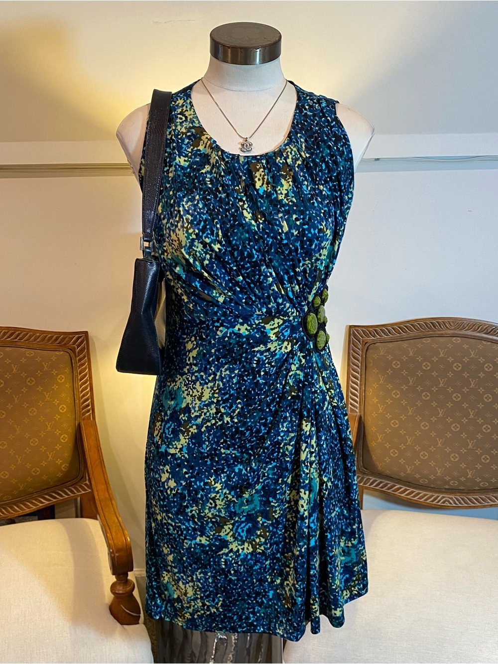 Vintage 90s Linda Segal Blue-Green Printed Twist Side Dress, Size Small